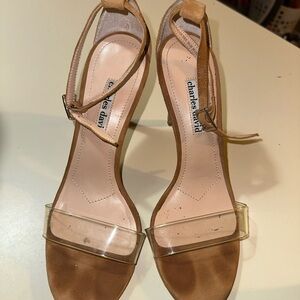 Sexy nude brown heels, with clear straps. Worn, but in good condition.